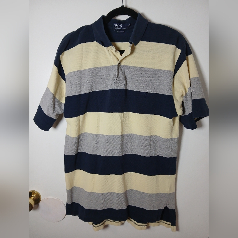 Polo Ralph Lauren Men's Medium Striped Short Sleeve Shirt Rugby Beige Blue Gray